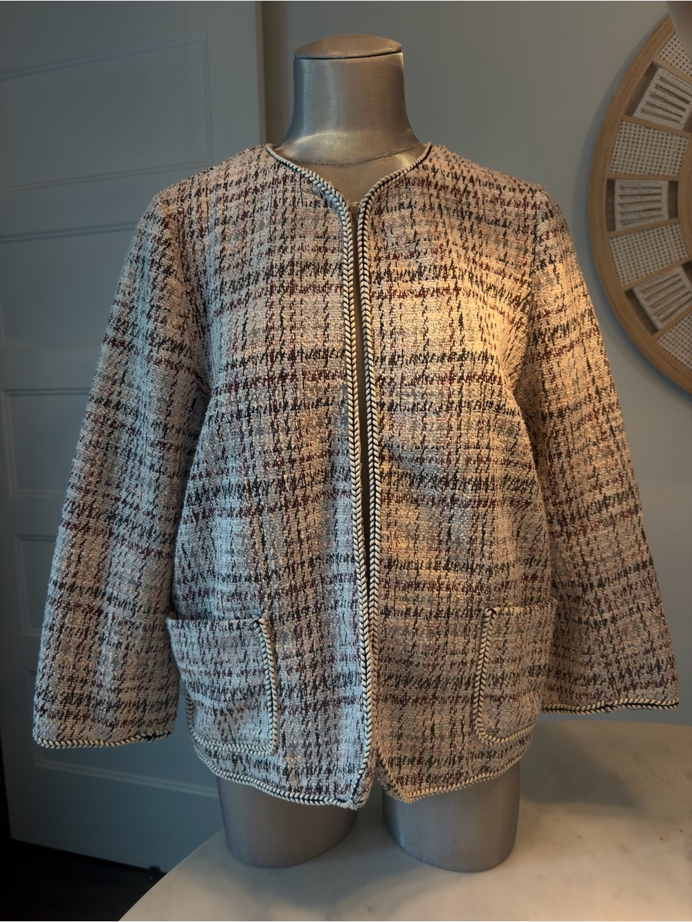 Max Studio Beige Multi Tweed Open Front Jacket